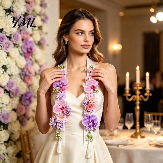 Decorative Floral Stole for Weddings Flower Graduation Leis, Artificial Satin Ribbon Grad Stole, Senior Tropical Gift Box Decoration Leis with Tassel