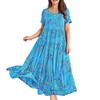 Summer Beach A Line Casual Long Dress Women Short Sleeve Pleated Loose Plus Size Floral Dresses Women Elegant Round Neck Vintage Lady Dress 24896