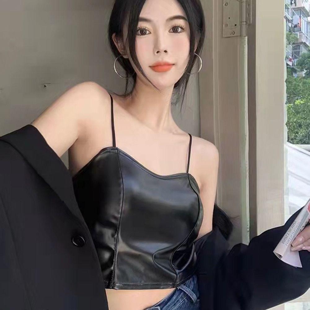 Женский топ-бюстгальтер из ПУ Camisoles Bralette Тонкая бретелька Бюстгальтер Соблазнительный и невинный Топ-майка Девочки