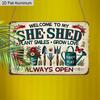 2D Flat 1pc 12"x8" Retro She Shed Aluminium Wall Art with "WELCOME TO MY SHE SHED" Quote - Vintage Garden Decor, Floral Gardening Tools Design
