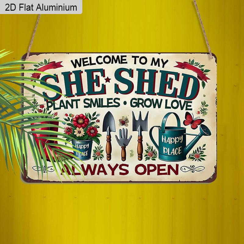 2D Flat 1pc 12"x8" Retro She Shed Aluminium Wall Art with "WELCOME TO MY SHE SHED" Quote - Vintage Garden Decor, Floral Gardening Tools Design