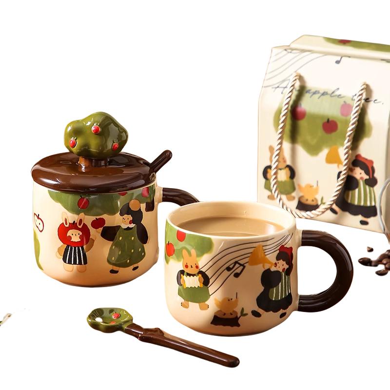 Apple Tree Girl Ceramic Water Cup Lovely Birthday Present Mug With A Lid Spoon Girls' Coffee Cup Breakfast Cup