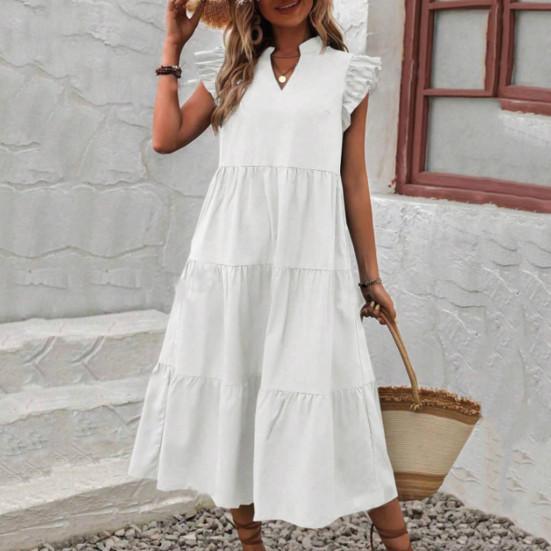 Women Summer Dress V Neck Pure Color A-line Patchwork Big Hem Flying Sleeves Ruffle Pleated Dating Party Vacation Beach Midi Dress