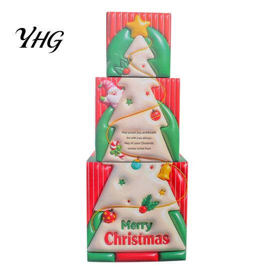 Holiday Gift Storage Containers 3Pcs Christmas Stackable Box, Layered Cube Plastic Boxes with Santa Shop Window Props Snowman Reindeer, Tabletop