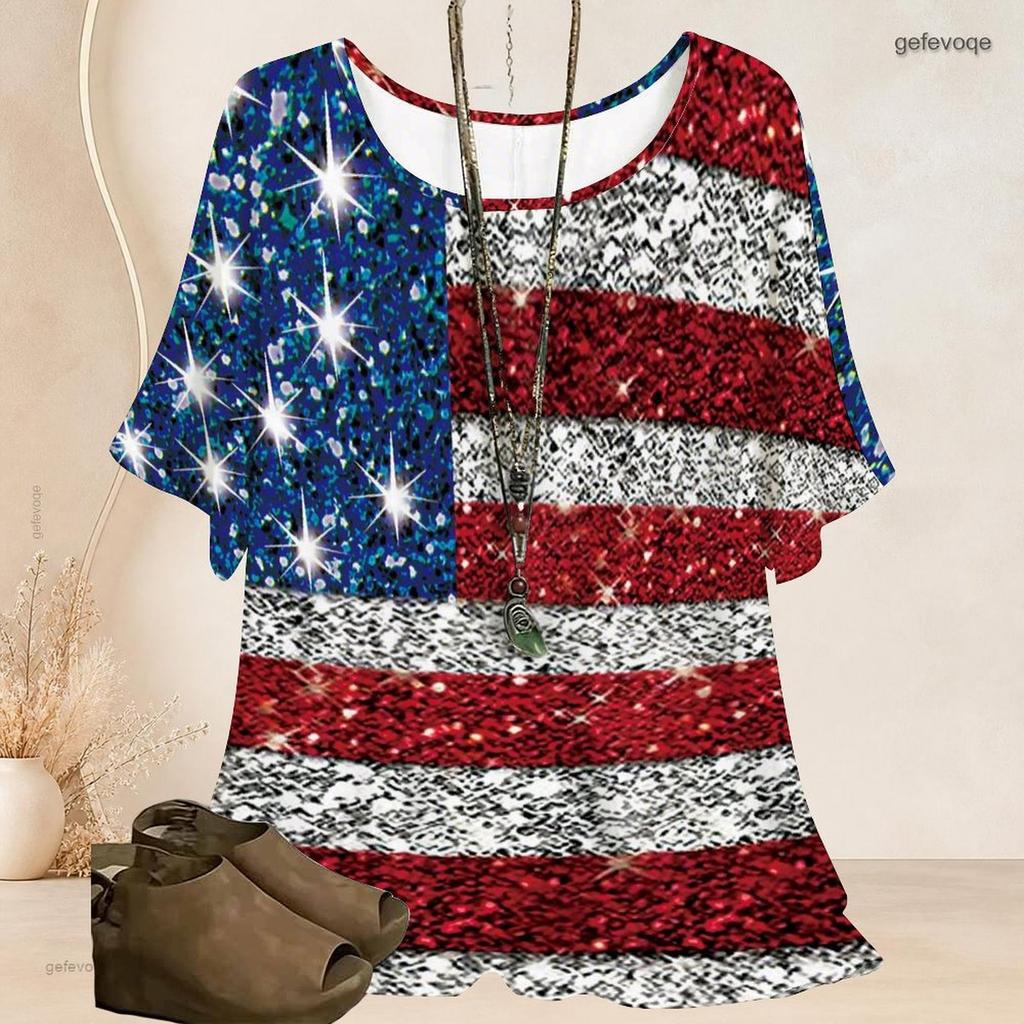 Women Plus Size Round Neck Short Batwing Sleeve American Flag Printed Loose Top