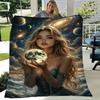 Enchanting Oceanic Fantasy Blanket - Soft Fluffy Throw Featuring a Mystic Blonde Woman Holding a Glowing Moon, Draped in a Dark