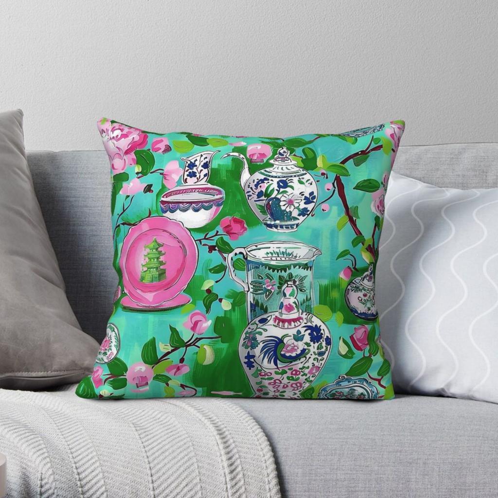 Chinoiserie Flowers Pagoda Porcelain Square Pillowcase Polyester Linen Velvet Pattern Zip Decorative Throw Pillow Case Bed Cover
