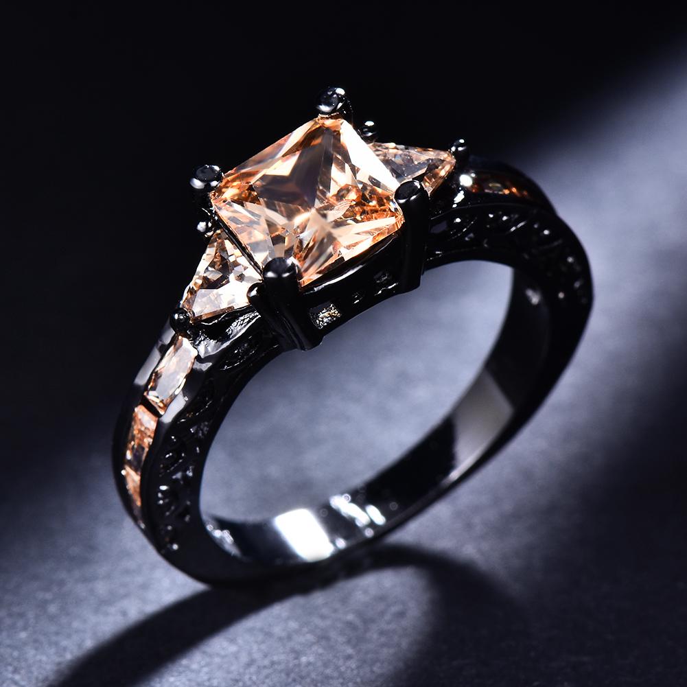1 Pc Black Golden Color Princess Cut Champagne Stone CZ Claw Rings Wedding Band Jewelry Valentine's Day Gifts