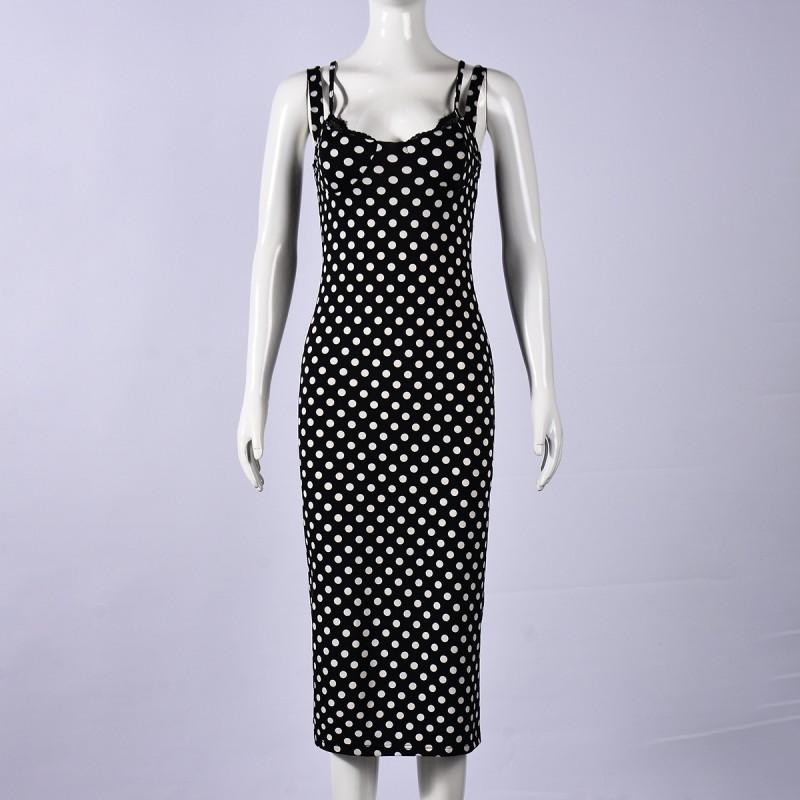 12097 Womens Polka Dot Deep V Neck Slim Fit Strap Bodycon Dress