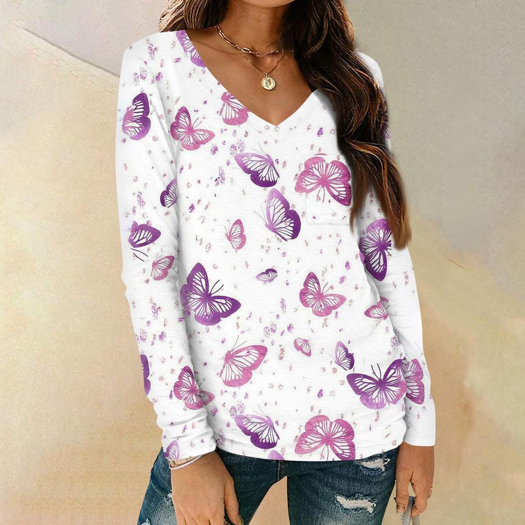 Женская мода повседневная блузка с длинным рукавом и цветочным принтом, V-образным вырезом и карманами