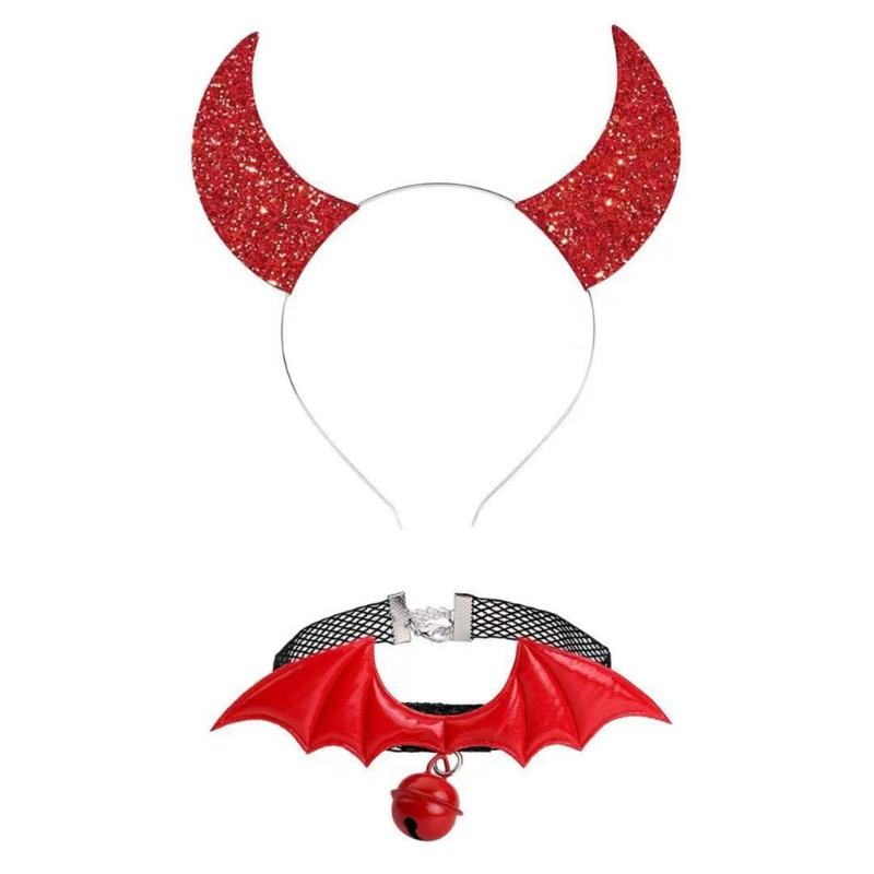 Готический Темный Блестящий Чокер-Коллар для Девочек с Розой и Дьявольским Крылом, Набор Ободков для Волос с Готическим Крылом Летучей Мыши, Универсальный Чокер