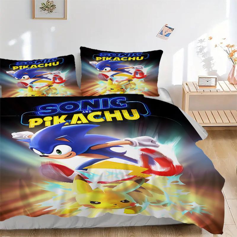 3pcs Sonic Pikachu Duvet Cover Set, 1 Duvet Cover + 2 Pillowcases (No Insert), High-Definition Print, Home & Dorm Set yy251208051