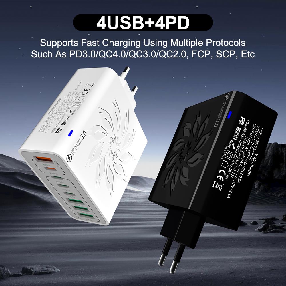 GaN Fast Charging 8USB Type C Charger EU KR PD 3.0 Quick Charge Wall For Phone Adapter For iPhone 16 15 Xiaomi Samsung