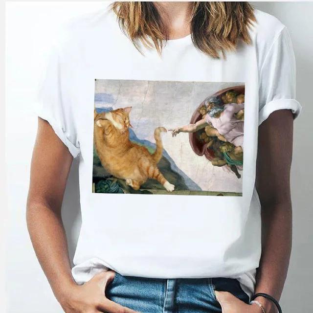 Oil Painting Cat Women's Fashion Personality Spoof Classic Oil Painting T-shirt Women Clothing Tops Harajuku Aesthetic Oversized