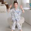 Girls Ice Silk Pajama Set 3-Piece Short Sleeve Cartoon Print Sleepwear Ages 8