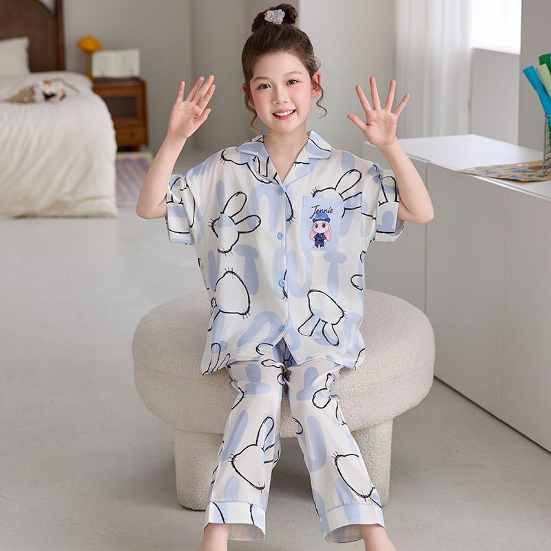 Girls Ice Silk Pajama Set 3-Piece Short Sleeve Cartoon Print Sleepwear Ages 8
