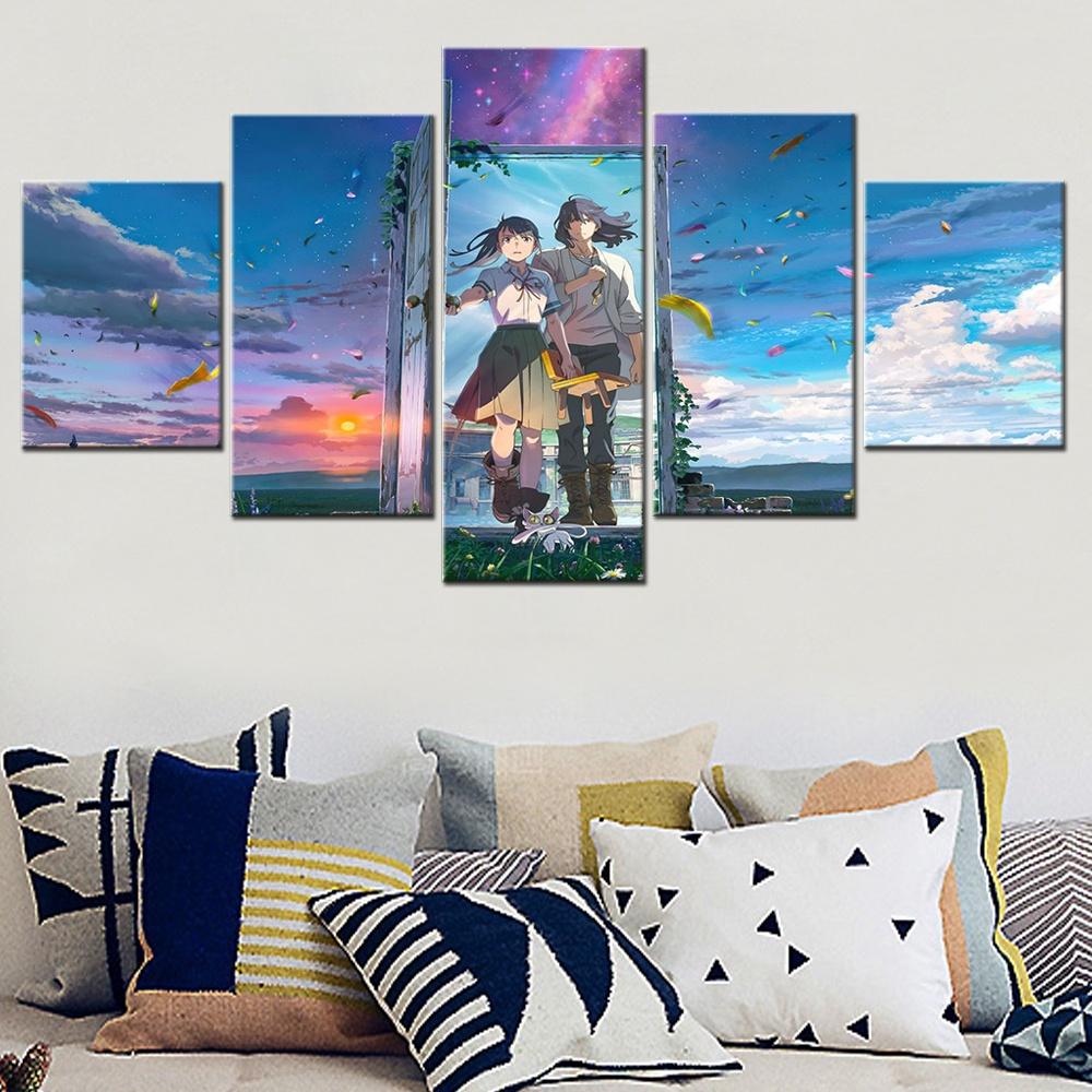 5 Piece Canvas Painting Family Animation Suzume No Tojimari Time Wall Art Modern Pictures Decorative Framework Child Room Decor