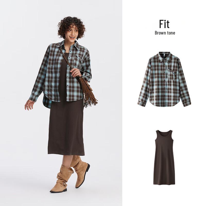 Semir Women's Plaid Shirt & U-Neck Vest Dress 2-Piece Set