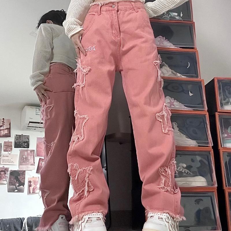 Розовые джинсы с высокой талией и джинсовые брюки с рваными звездами и бахромой, женские повседневные модные джинсовые брюки y2k