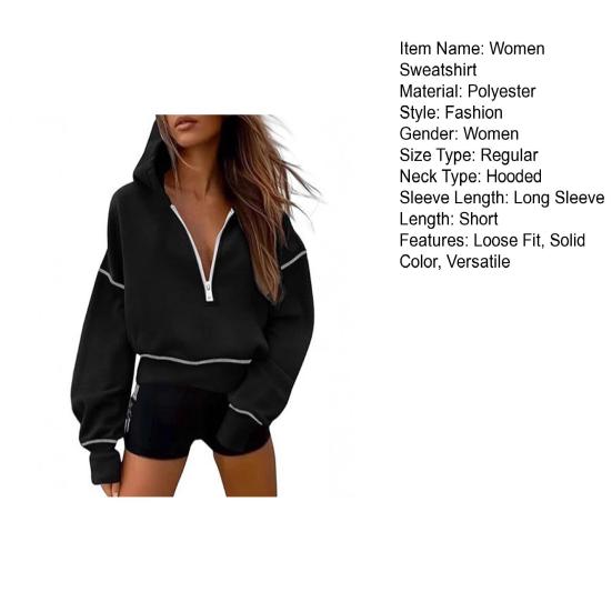 Women Short Sweatshirt Solid Color Long Sleeve Pullover Hooded Sweatshirt Loose Fit Zipper Half Placket Tops