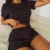 Summer 100% Cotton Heart Print Pajamas Set for Women Homewear Sexy Loose Short Sleeve Crop Tops and Shorts 2 Pieces Sets Black Short Pijamas Sleepwear