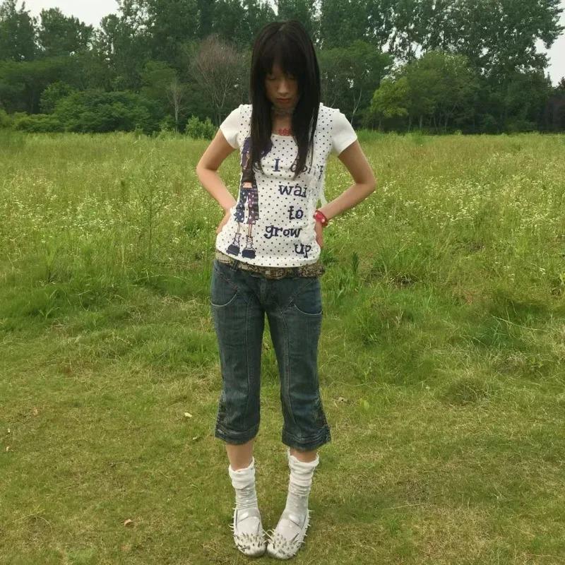 2KWEIRD Japanese Retro Subculture Cartoon Print T-shirts Summer Harajuku Polka Dot Short-sleeved Tees Women's Punk Hottie Slim-fit Tops