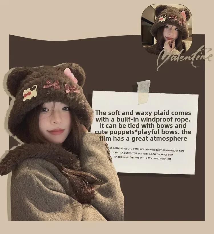 Теплая плюшевая шапка с ушками медведя и кошачьим бантом для женщин – защита ушей на осень/зиму с открытым лицом