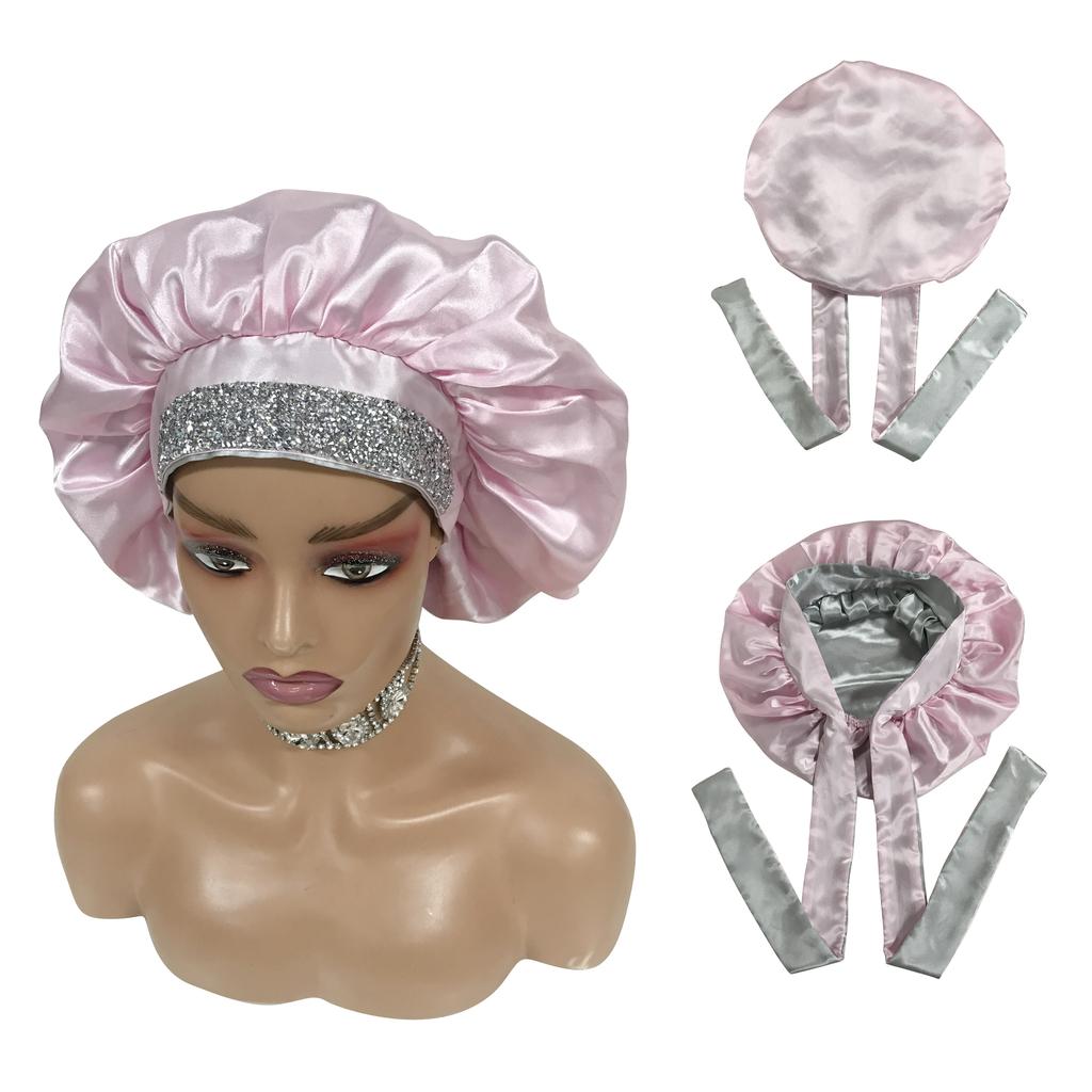 Double Layered Bling Satin Bonnets with Ties Silk Bonnets and Hair Wraps Custom logo Bonnets for Women