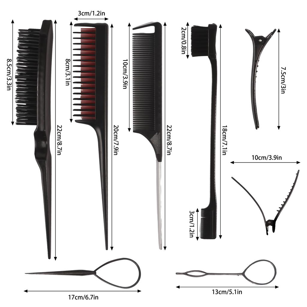 Hair Styling Comb Set Hair Brush Set Teasing Hair Brush Rat Tail Comb with Duckbill Clips Edge Brush for Women and Girls