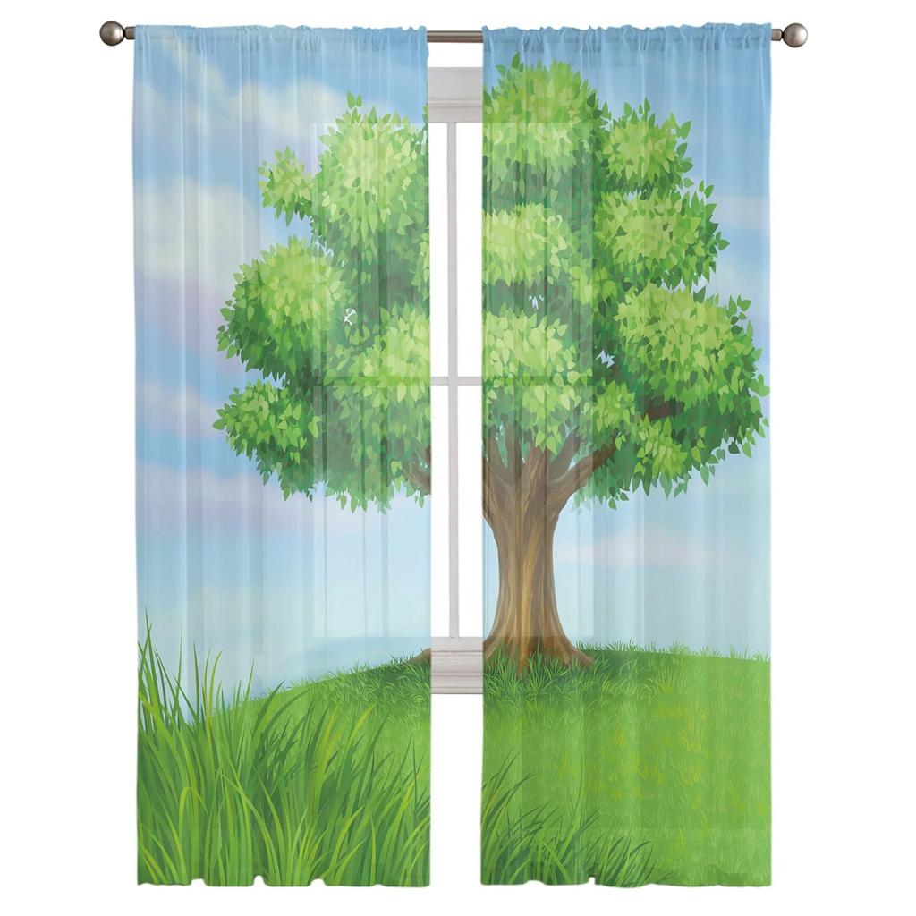 Tree Meadow Summer Tulle Curtains for Living Room Bedroom Sheer Curtain for Balcony Hall Fashion Printed Home Drapes
