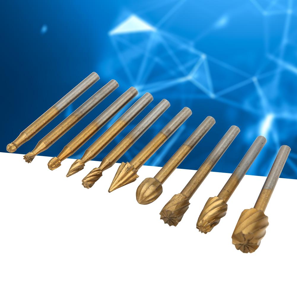 10pcs Titanium Plated HSS Rotary Burr Woodworking Engraving Cutter Electric Grinder Accessories