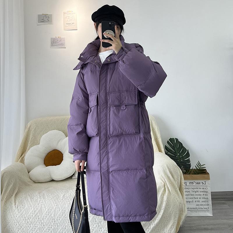 Женская куртка-пуховик средней и длинной длины 2024 года, зимняя, новая, утолщенная, свободная, модная, с капюшоном, до колена, белая, на утином пуху