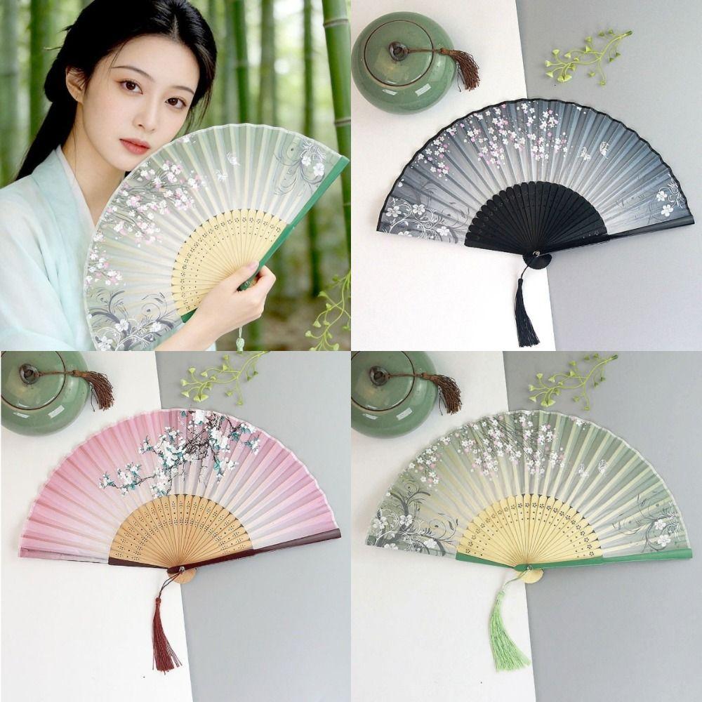 Bamboo Classical Dance Fan Silk Decorative Fan Vintage Style Fan for Hanfu Photography