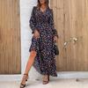 Long Floral Women Spring Sleeve Print Vneck Dress Summer Casual Aline Anklelength Elastic High Waist Dresses