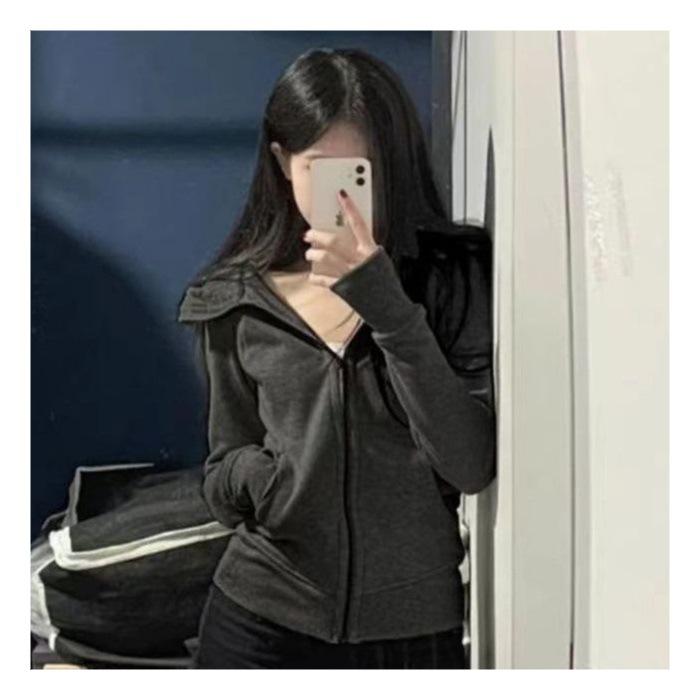 Spot Black Slim Fit Waist-Cinched Hooded Sweatshirt for Women, Autumn New Style, Slimming & Versatile Fall Wear.