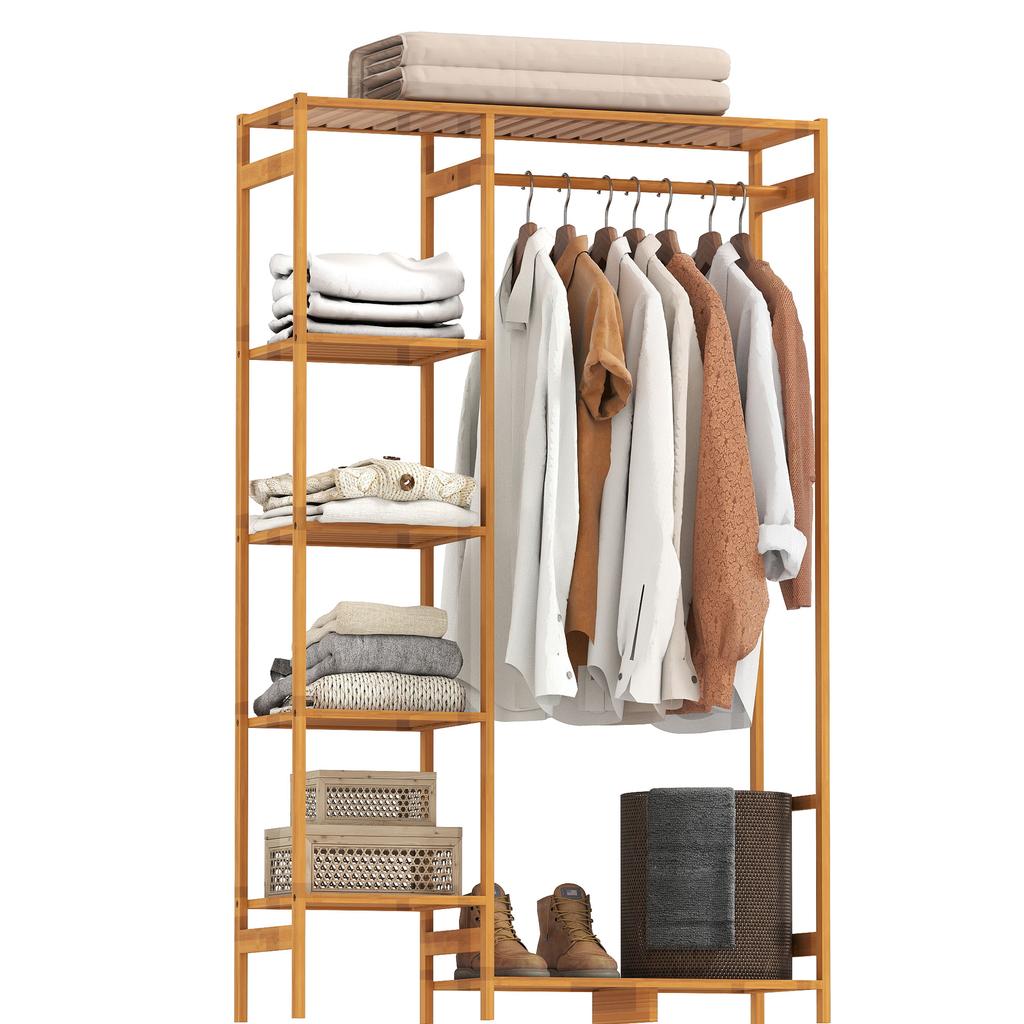 Bamboo Freestanding Clothes Rack with Storage Shelves and Hanging Rod, 90x30x145cm, Natural