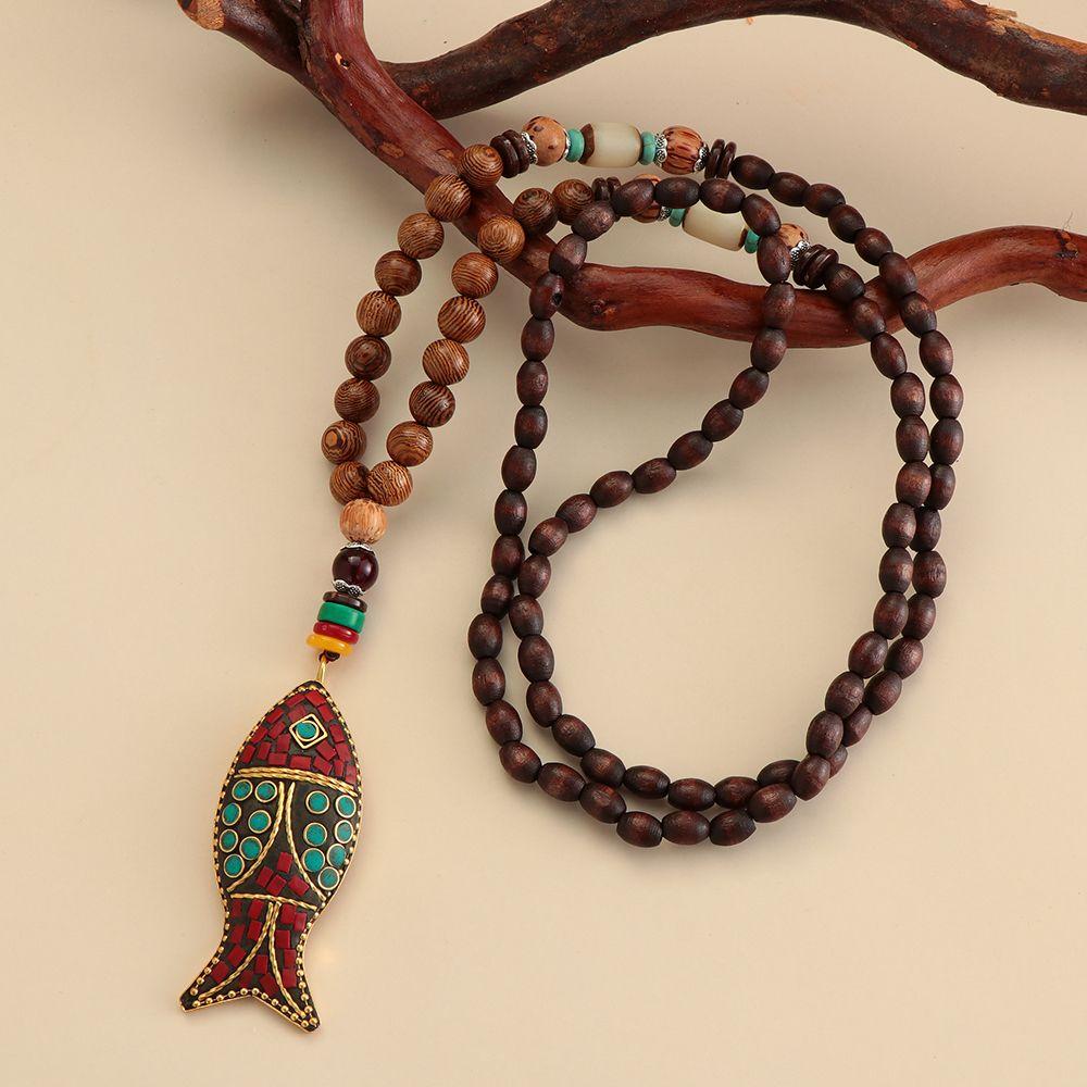 Boho Lucky Gift Ethnic Jewelry Party Buddhist Mala Wood Bead Horn Fish Pendant Nepal Necklace