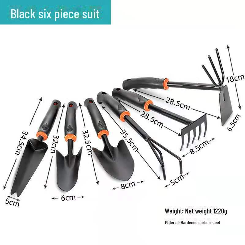 Dual-Purpose Gardening Tool Set: Black Handle Spray Hoe, Five-Tooth Rake, and Shovel