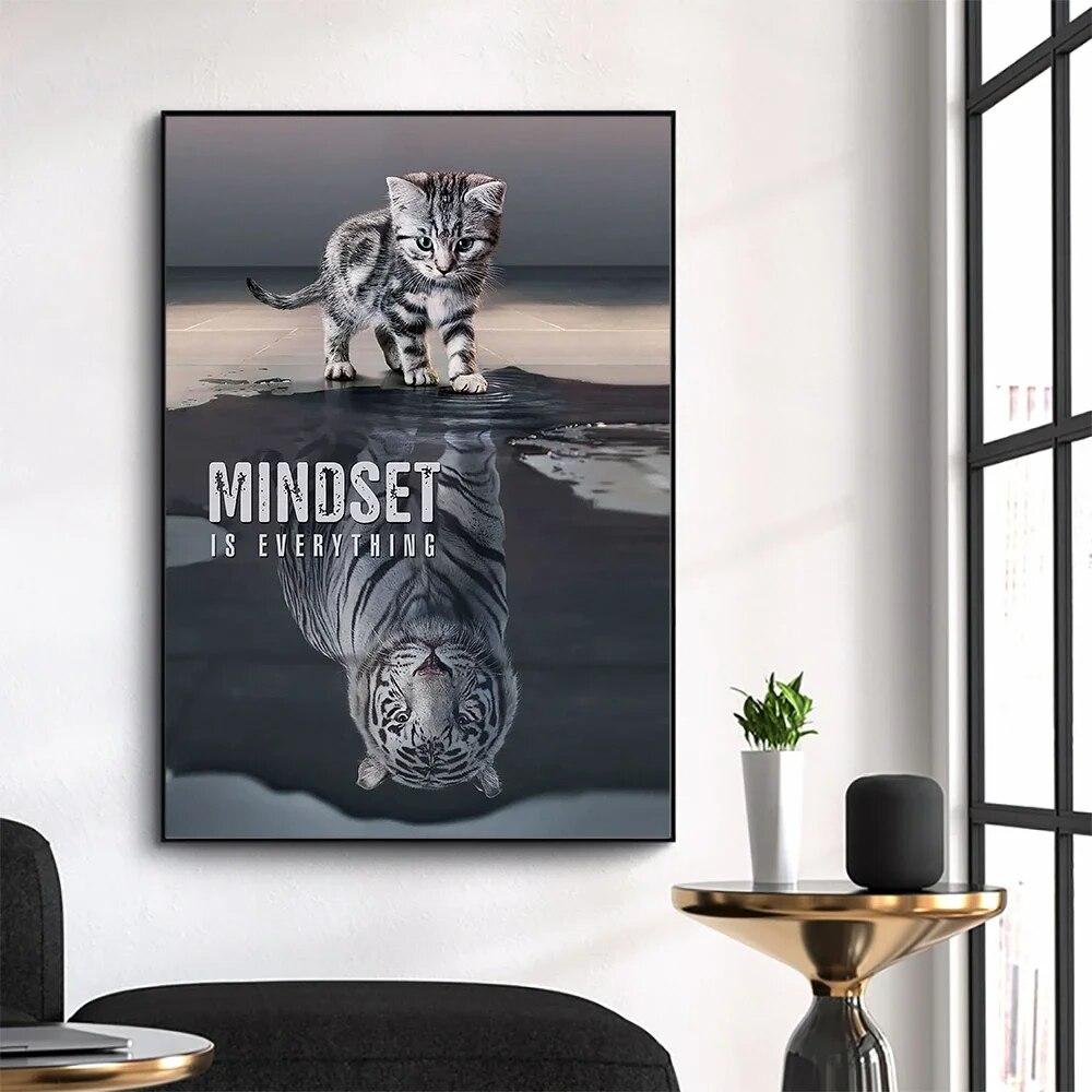 Animal Canvas Painting Cat and Tiger Mindset Is Everything Motivation Modern Canvas Wall Art Inspirational Quote Print On Canvas