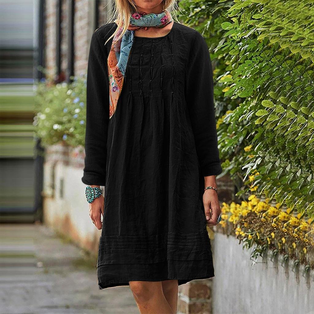Женское платье с круглым вырезом, однотонное, свободного кроя, повседневное, из хлопка и льна