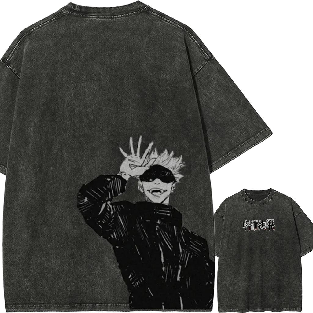 Футболка с принтом Jujutsu Kaisen для мужчин, кислотная стирка, Годжо Сатору, жест рукой, Безграничная Пустота, Смеющийся Годжо, Графическая футболка из манги