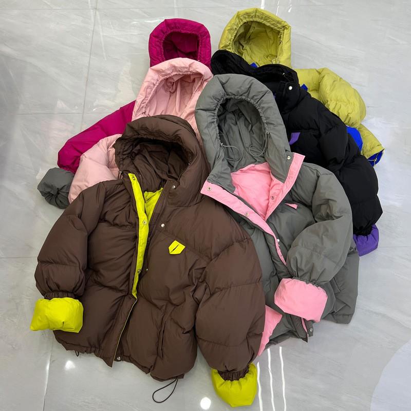 Womens Short Puffer Jacket Warm Thick Hooded Loose Fit Korean Style Down Coat With Color Block Design
