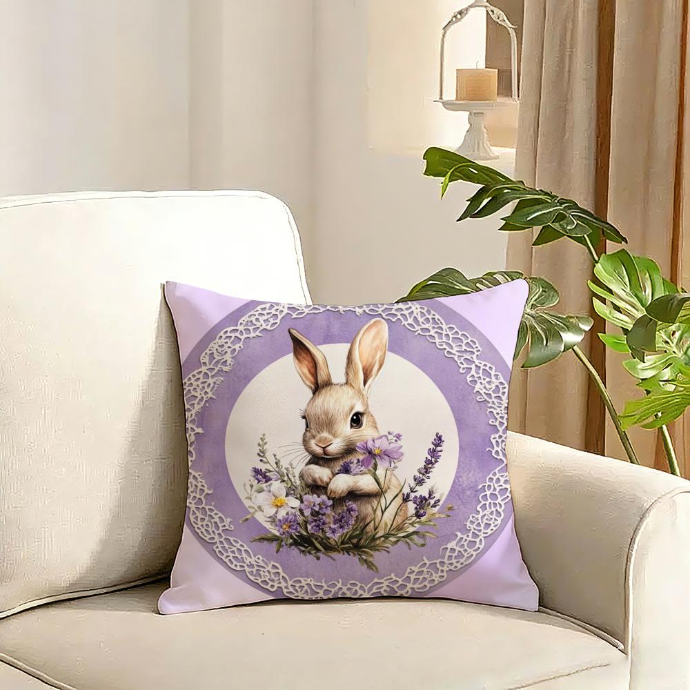 Cute rabbit holding flowers Cushion Cover Reversible Plush Pillow Cover Soft Fluffy Home Decor for Sofa Bedroom