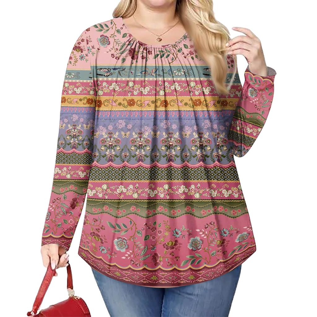 Women's Plus Size Fashion Printed Casual Pleated Round Neck Long Sleeve Top