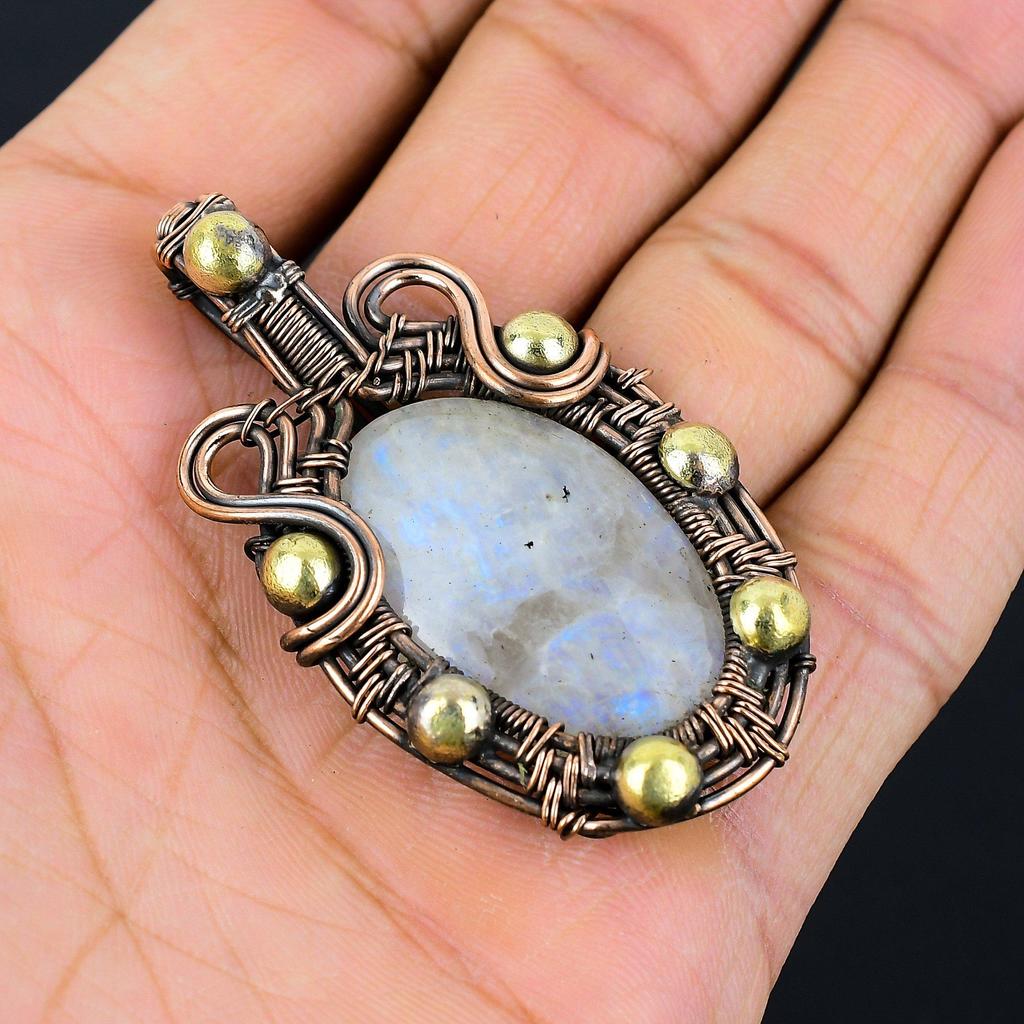 Лунный камень Драгоценный камень Чистая медная проволока Обернутая ювелирная подвеска ручной работы