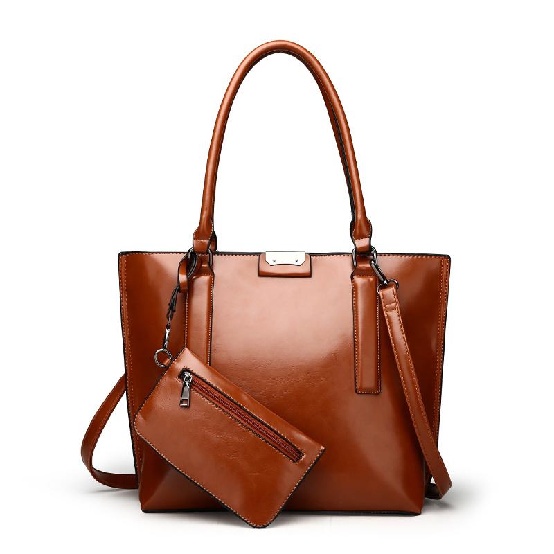 Женский комплект из 2 предметов, повседневная сумка-тоут, высококачественная масляная восковая мягкая кожа, элегантная офисная сумка и кошельки, черная роскошная сумка в стиле ретро, ​​новинка 2022 года