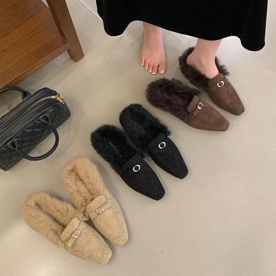 Корейская версия ретро металлических пушистых тапочек женская уличная обувь 2025 осень и зима новая ленивая обувь Мюли с закрытым носком