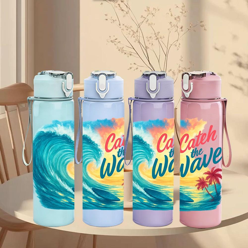1PC Catch The Wave Ocean Surf Pattern 750ml Color Plastic Sports Water Bottle Leakproof Flip Straw Lid Suitable for Sports Office Home Use