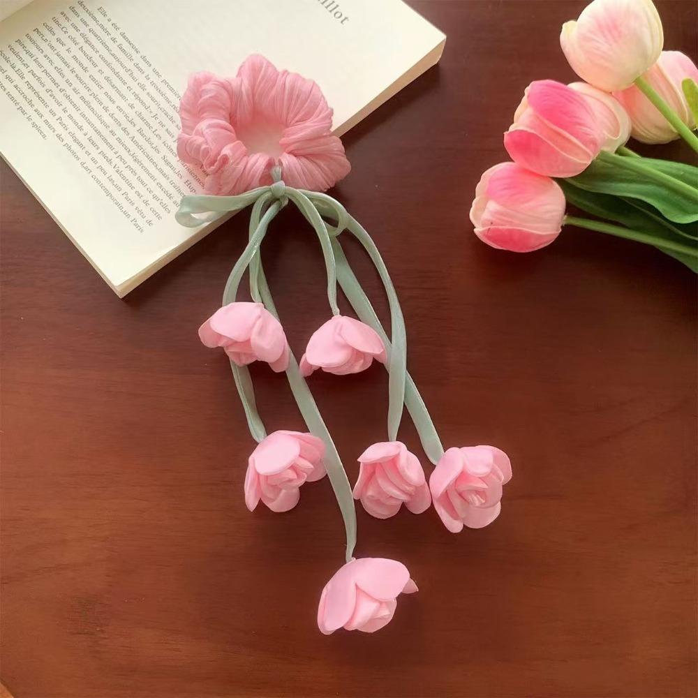Beautiful Tulips Floral Floral Scrunchie With Dangling Ribbon Ethereal Design Hair Accessory Le Muguet Hair Tie Hair Styling