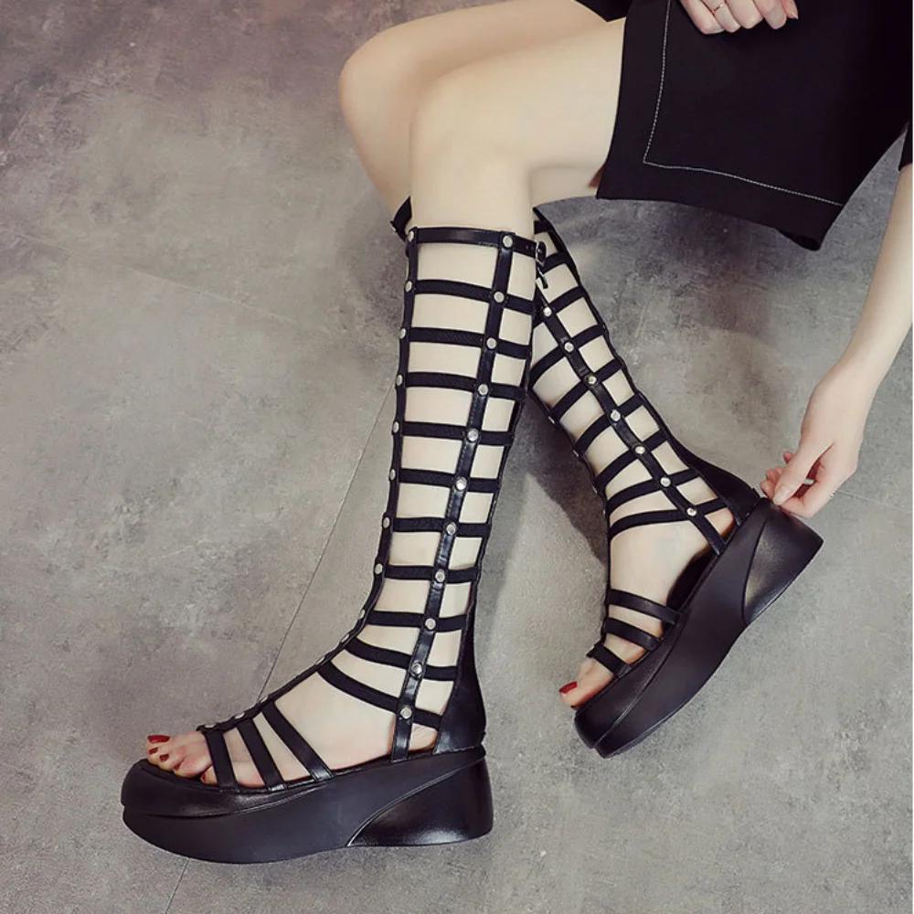 Roman Sandals Women Summer New High Barrel Hollow Thick Sole Women's Shoes Waterproof Platform Cool Boots Female Botas Mujer